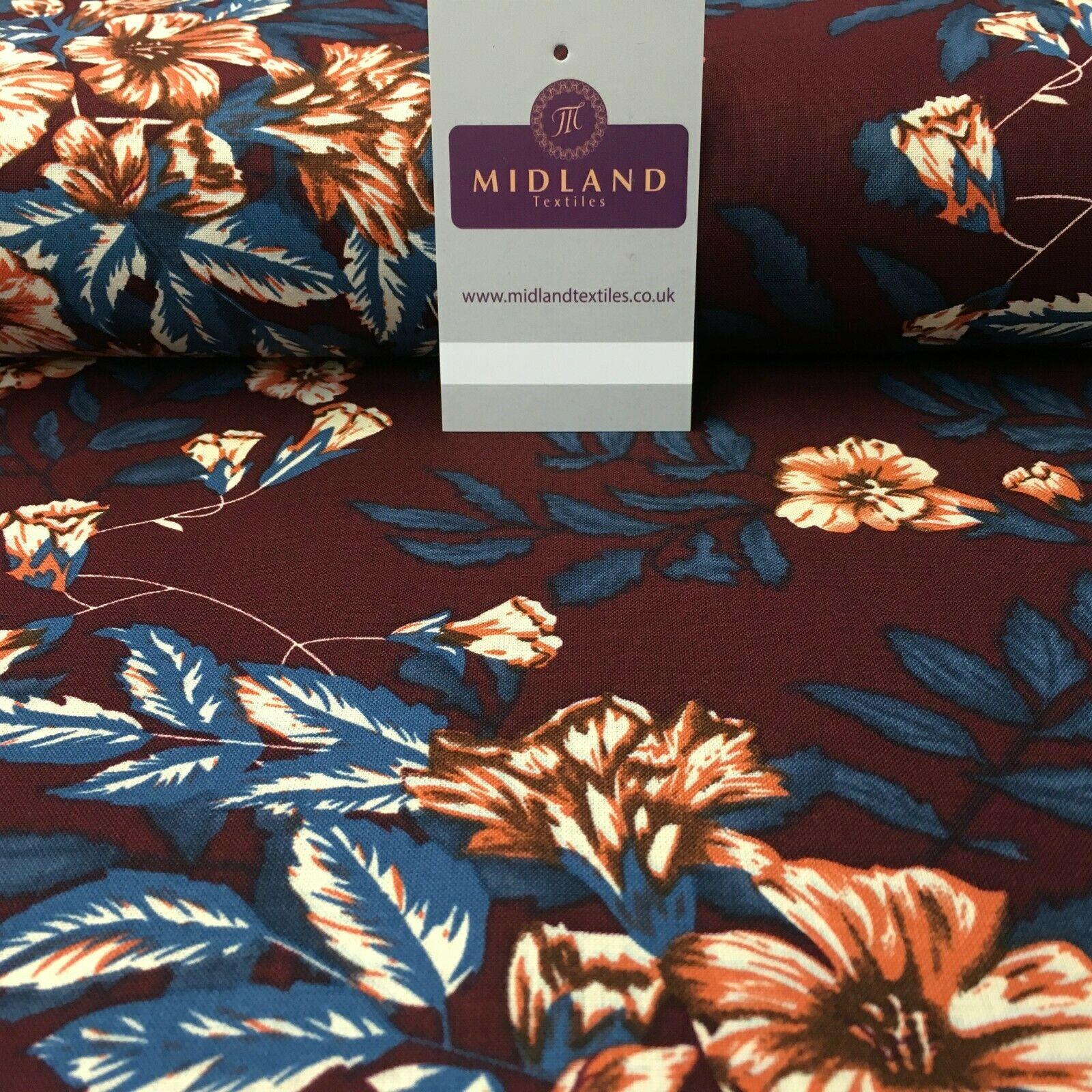 Wine Teal Floral Printed Cotton Linen Dress Fabric 150cm Wide MK1086-9