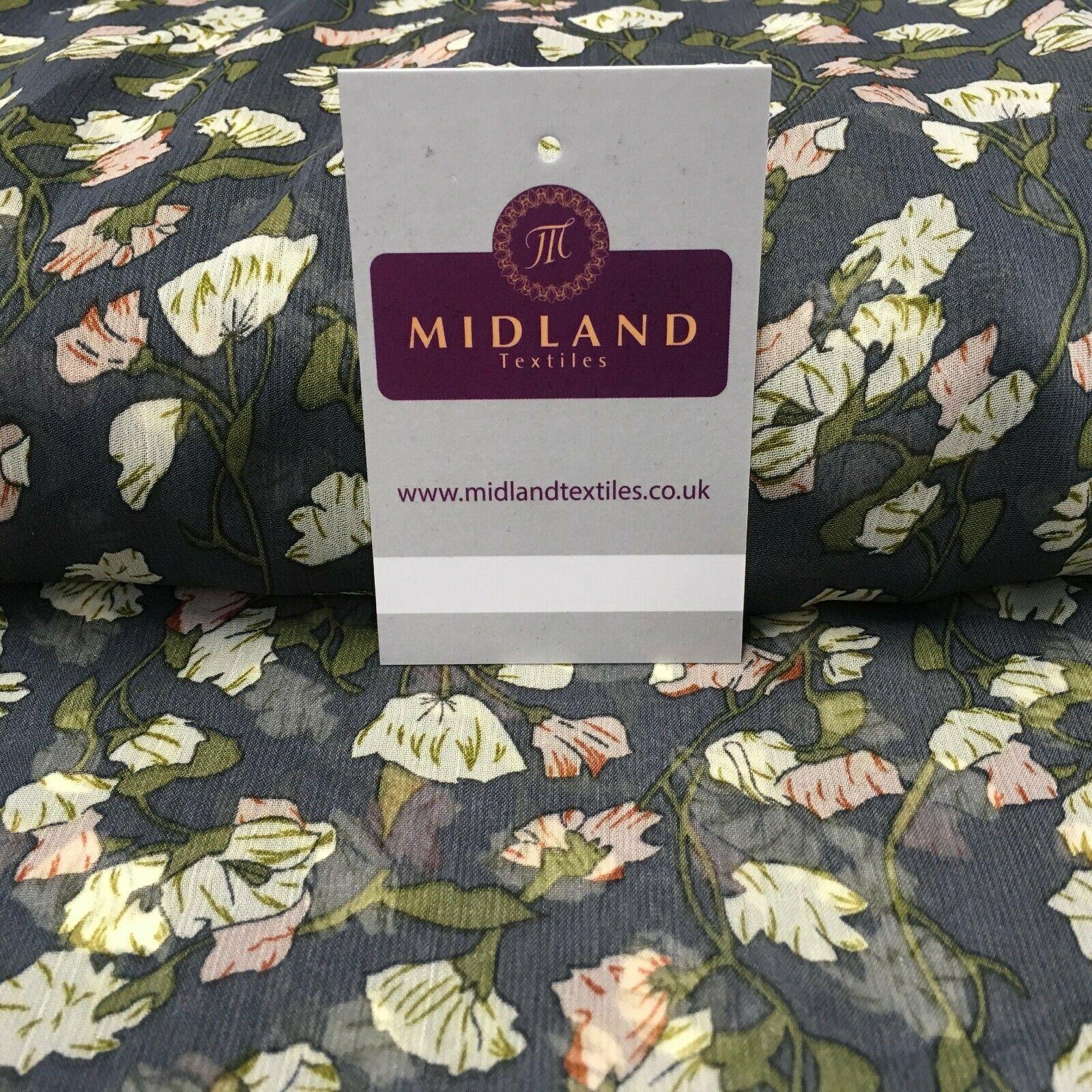 Grey Floral Printed Crinkle Georgette Chiffon Fabric 150cm wide MK1090-25