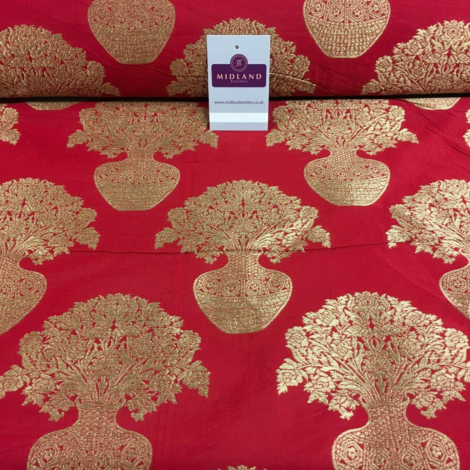 Indian Gold Large Flower Vase Banarsi Brocade fabric 125 cm Wide MN1099 Mtex