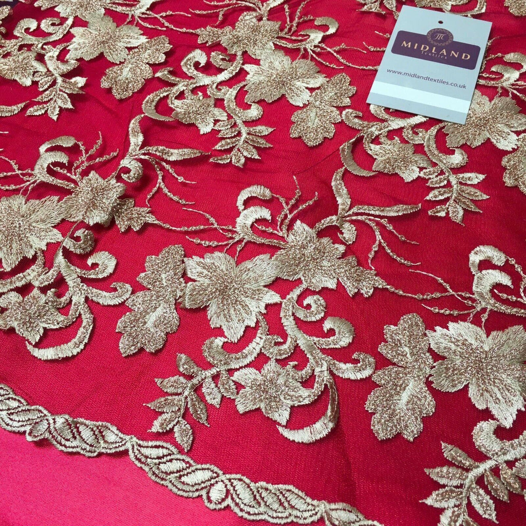 Floral Double Scalloped Gold Thread Embroidered Net Fabric 120cm Wide MJ1070