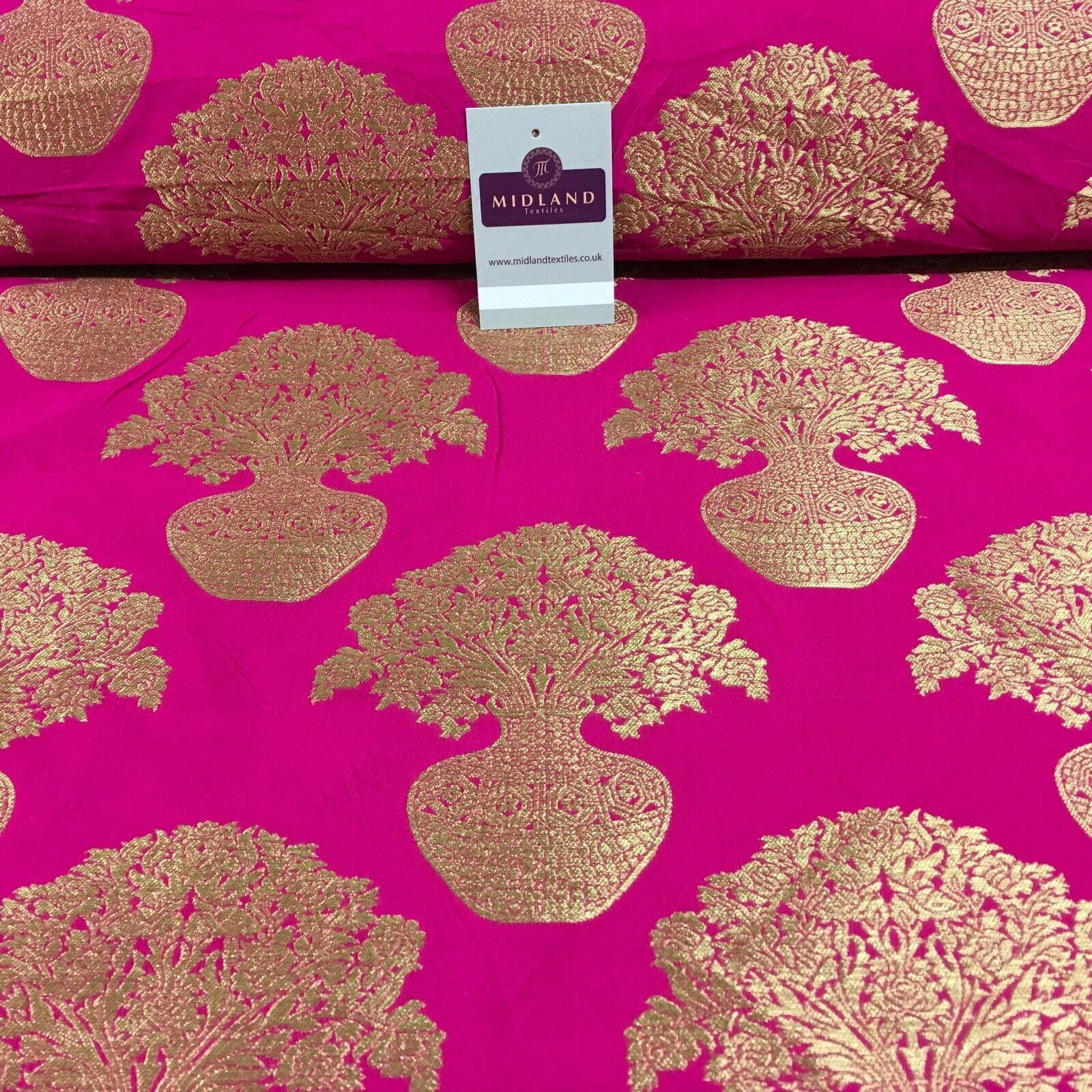 Indian Gold Large Flower Vase Banarsi Brocade fabric 125 cm Wide MN1099 Mtex