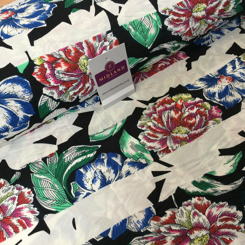 Ivory Black Horizontal Floral Stripe Georgette Crepe Dress Fabric 147cm MK1184-6