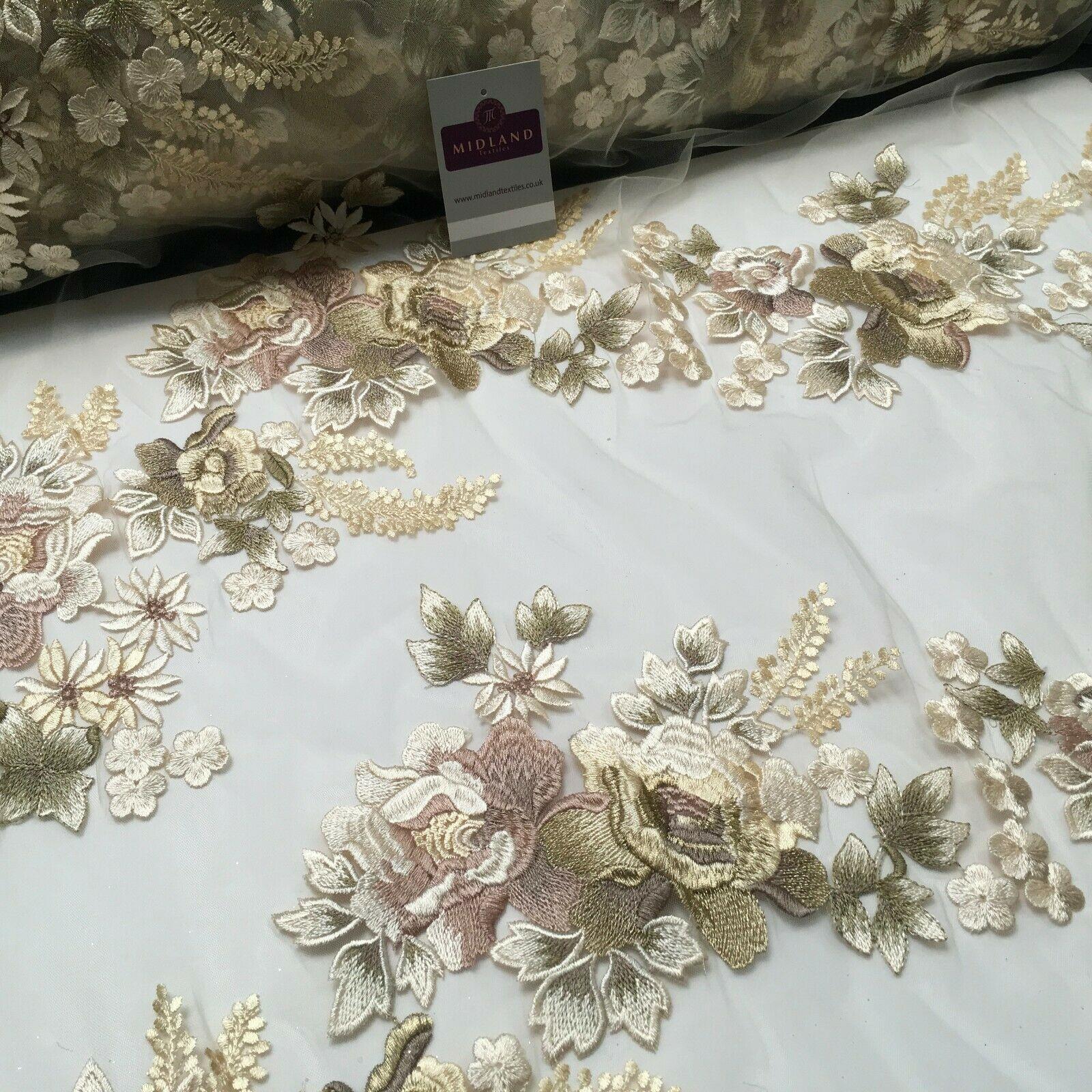 Embroidered Cream Floral Net Border Bridal Dress Fabric 139 cm Wide MV1068-1