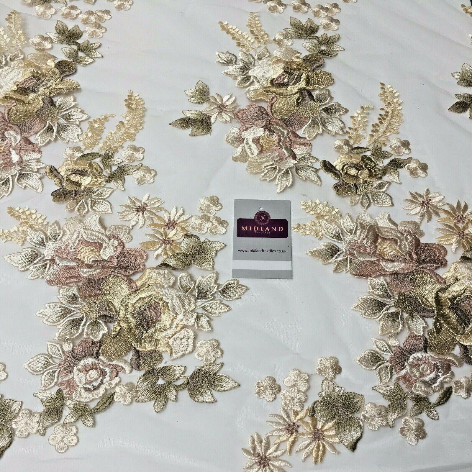 Embroidered Cream Floral Net Border Bridal Dress Fabric 139 cm Wide MV1068-1