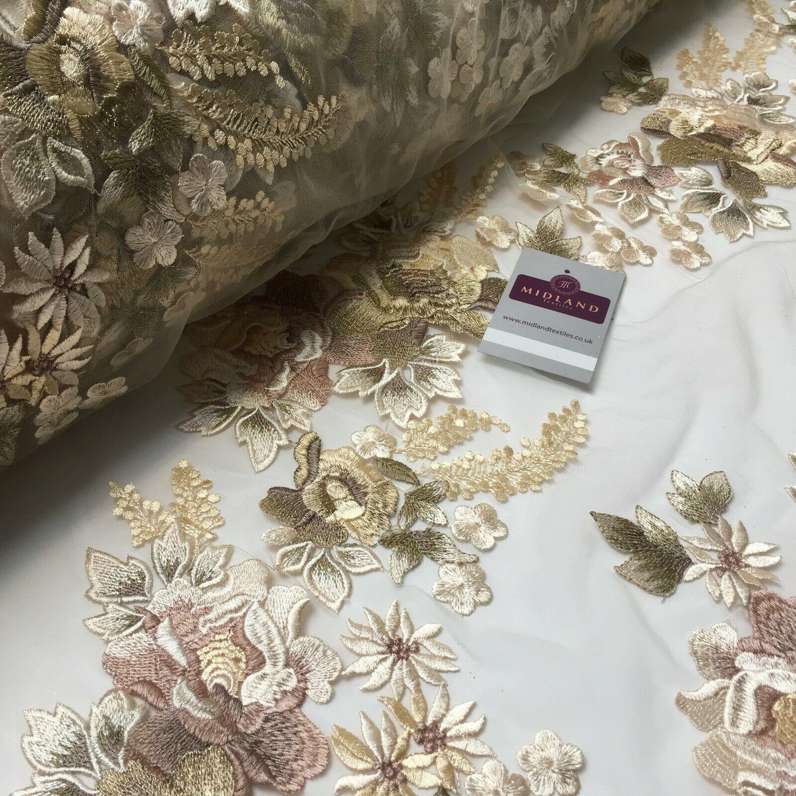 Embroidered Cream Floral Net Border Bridal Dress Fabric 139 cm Wide MV Embroidered Cream Floral Net Border Bridal Dress Fabric 139 cm Wide MV