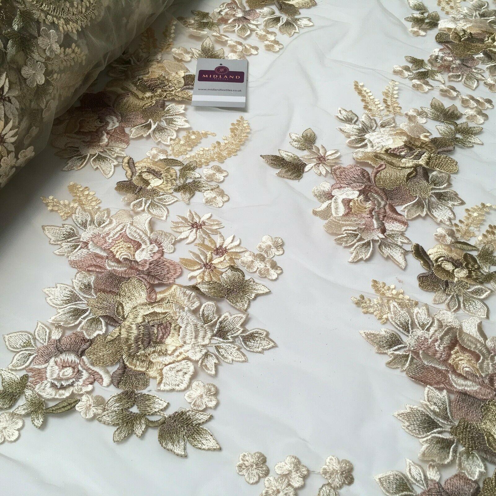 Embroidered Cream Floral Net Border Bridal Dress Fabric 139 cm Wide MV1068-1