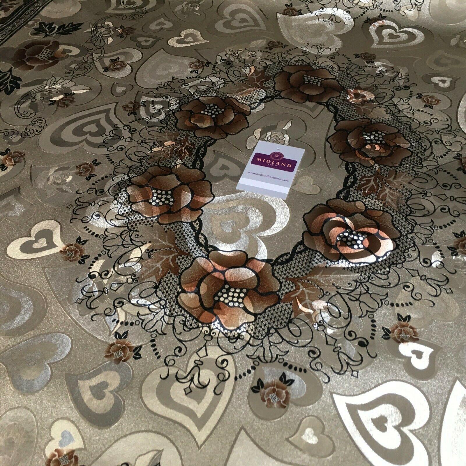 Metallic Gold Hearts Floral Border Wipe clean table cover Fabric 139cm M1204-2