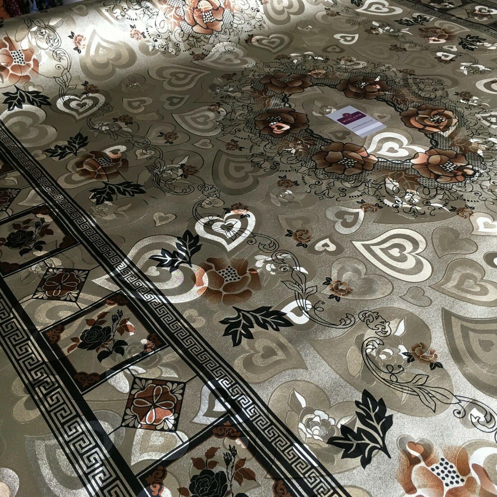 Metallic Gold Hearts Floral Border Wipe clean table cover Fabric 139cm M1204-2