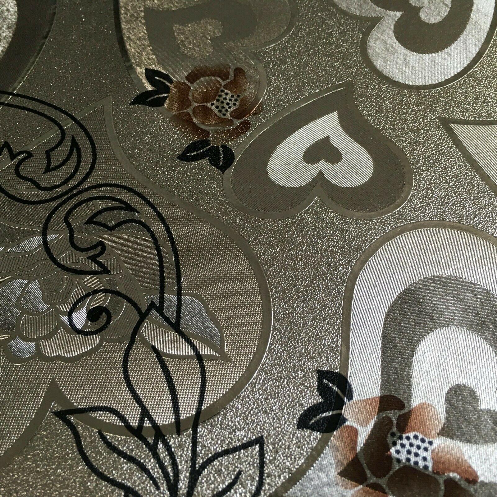 Metallic Gold Hearts Floral Border Wipe clean table cover Fabric 139cm M1204-2