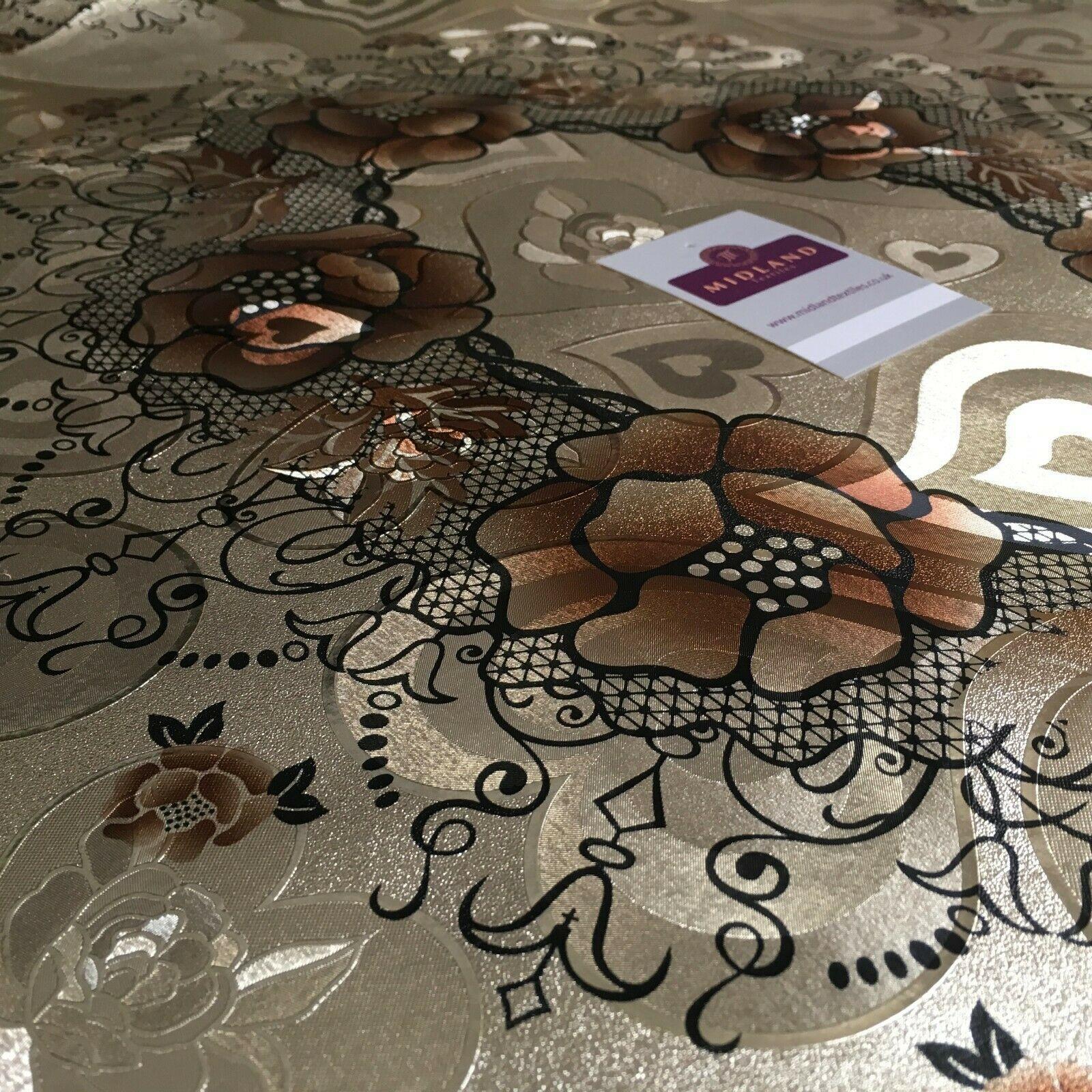 Metallic Gold Hearts Floral Border Wipe clean table cover Fabric 139cm M1204-2