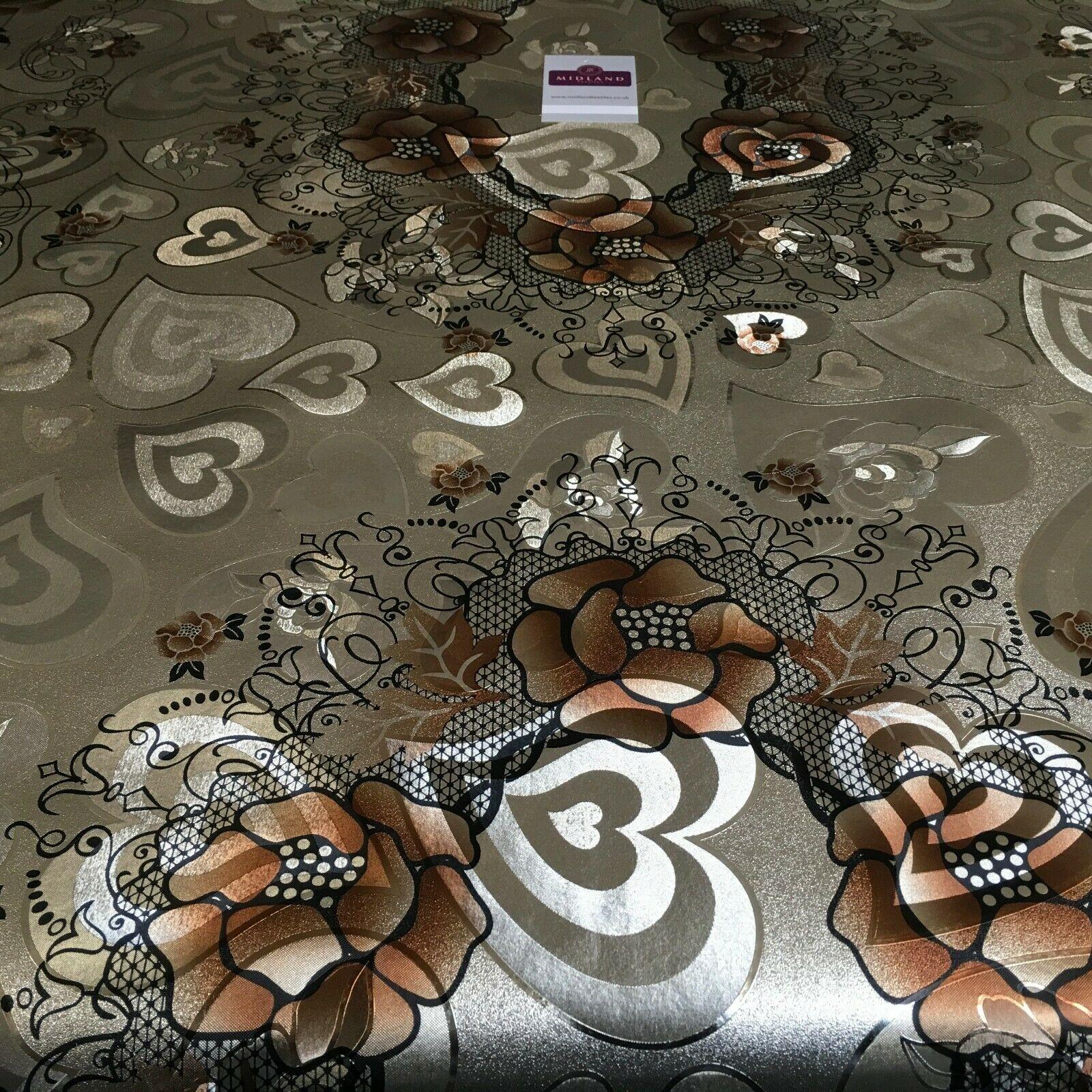 Metallic Gold Hearts Floral Border Wipe clean table cover Fabric 139cm M1204-2