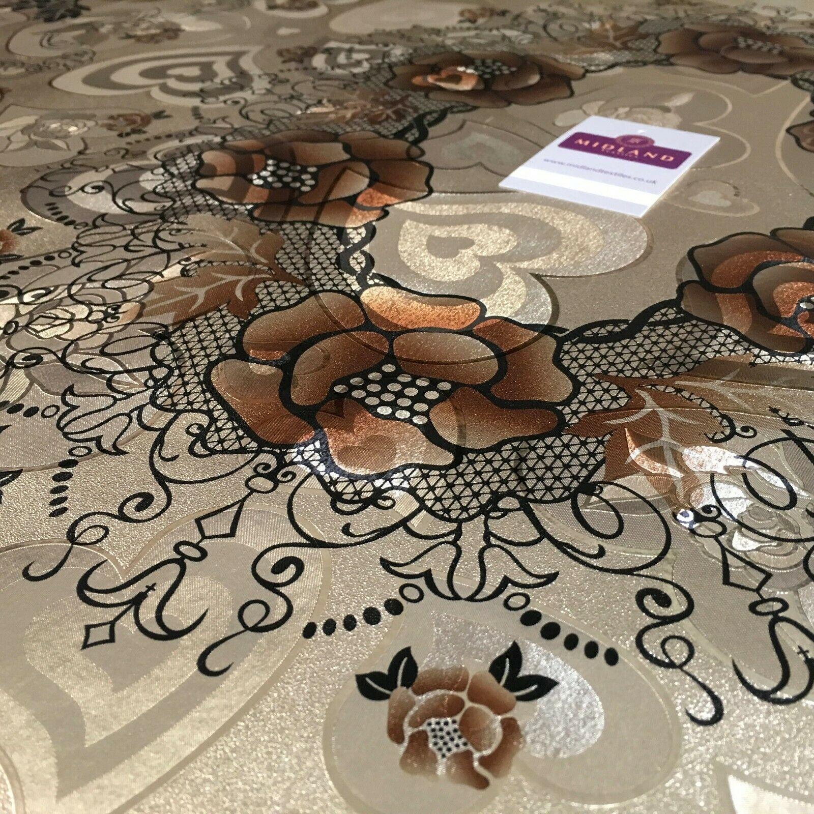 Metallic Gold Hearts Floral Border Wipe clean table cover Fabric 139cm M1204-2