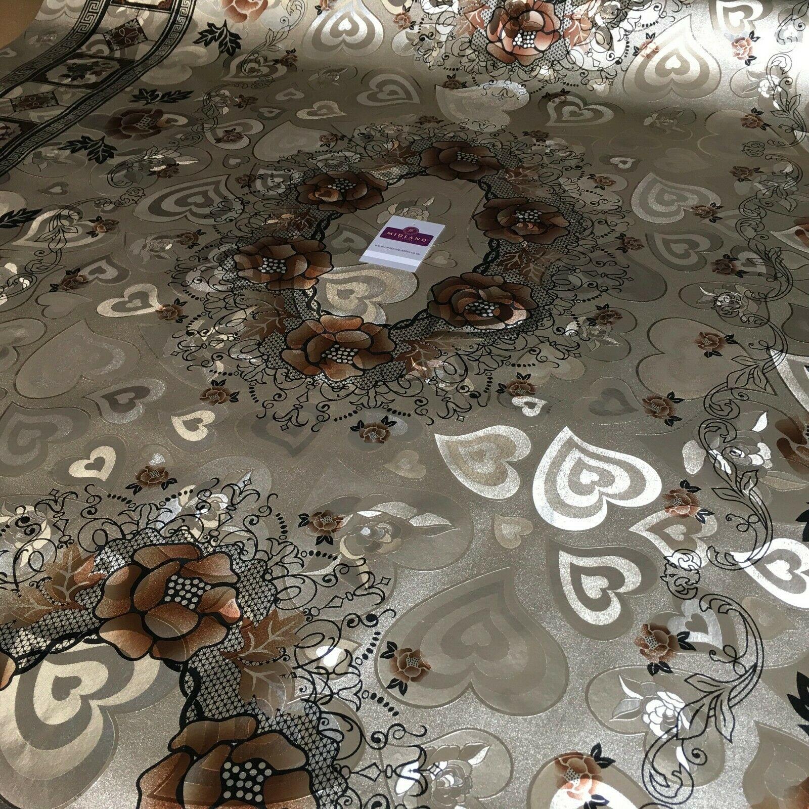 Metallic Gold Hearts Floral Border Wipe clean table cover Fabric 139cm M1204-2