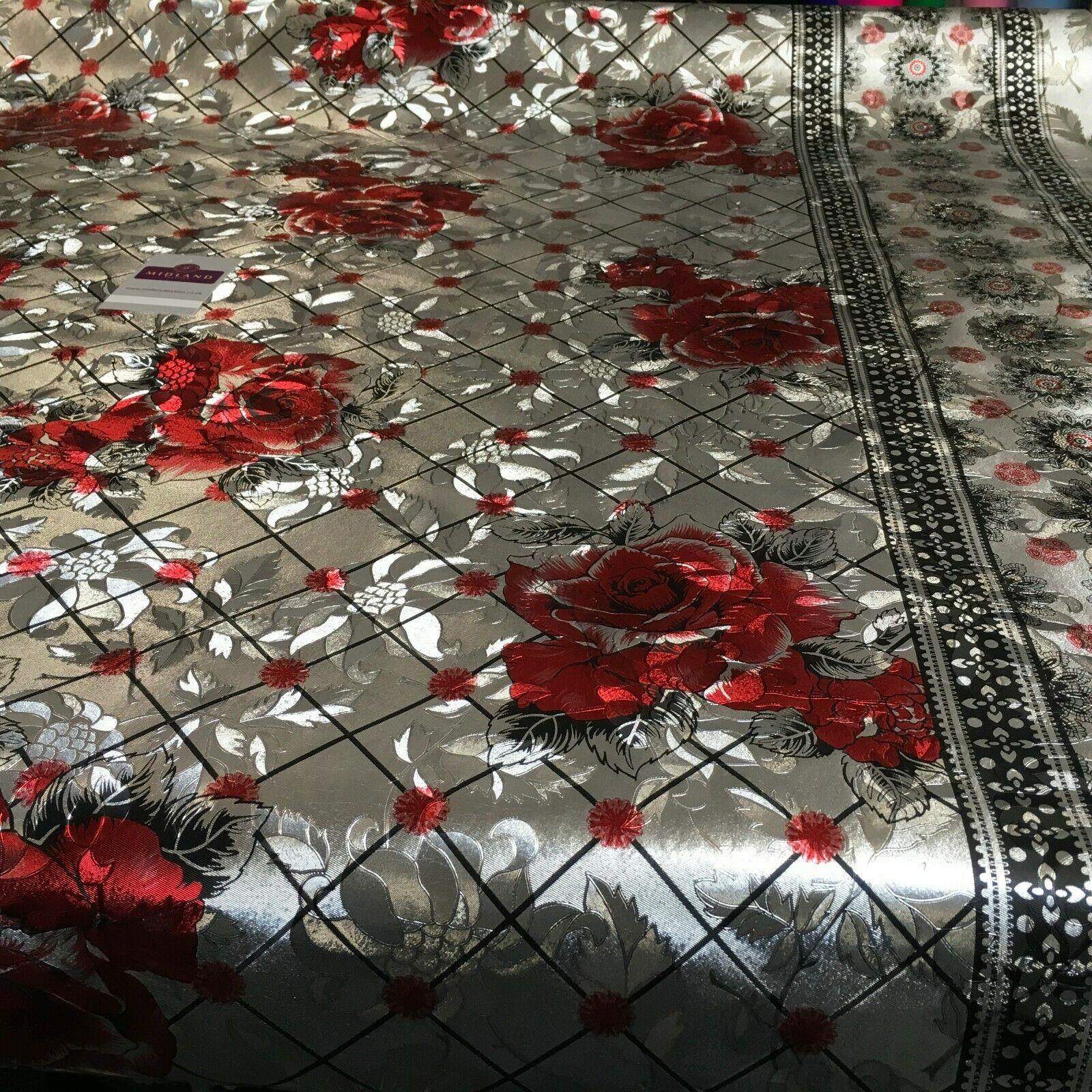Metallic Silver Floral border Wipe clean table cover Fabric 139 cm M1204 Mtex