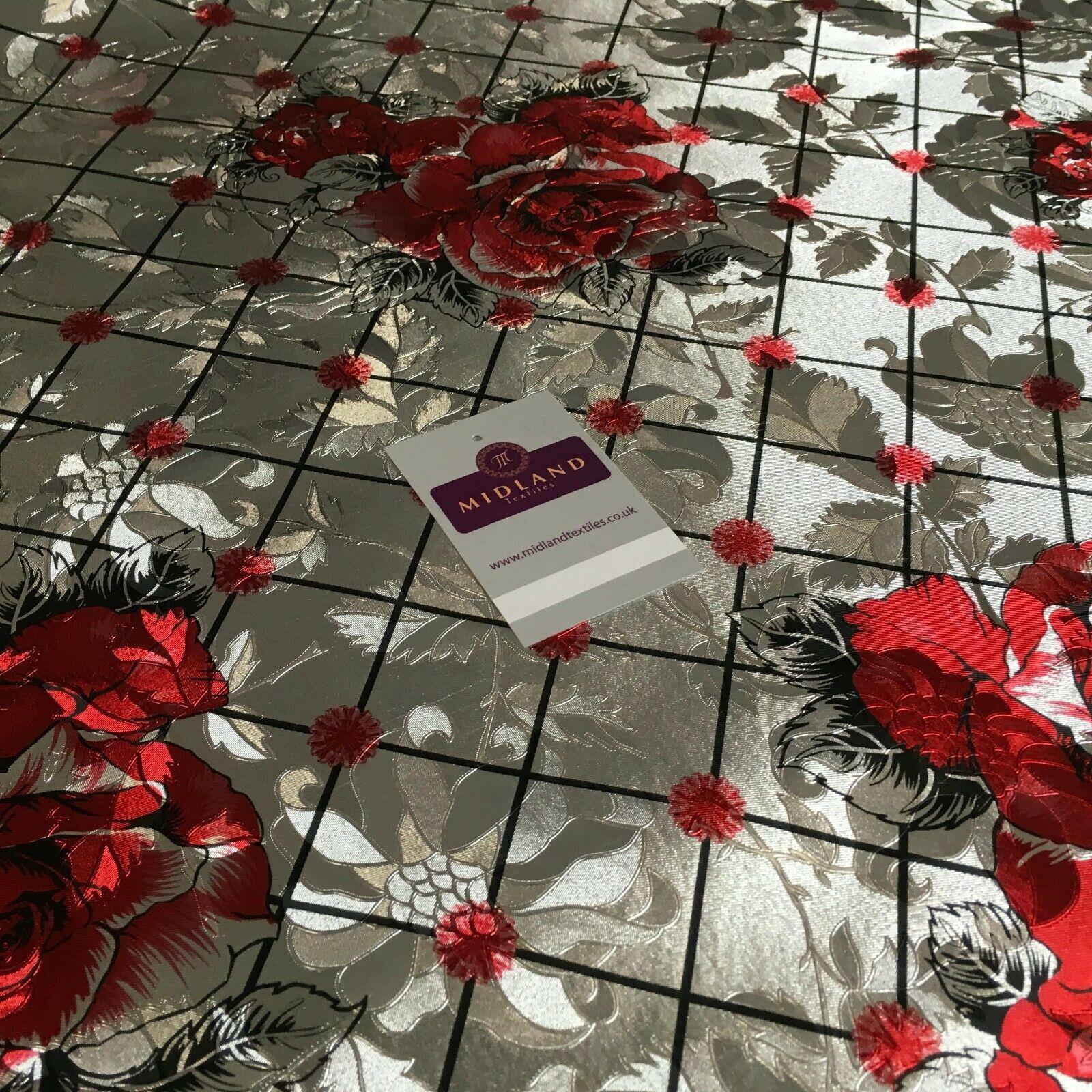 Metallic Silver Floral border Wipe clean table cover Fabric 139 cm M1204 Mtex