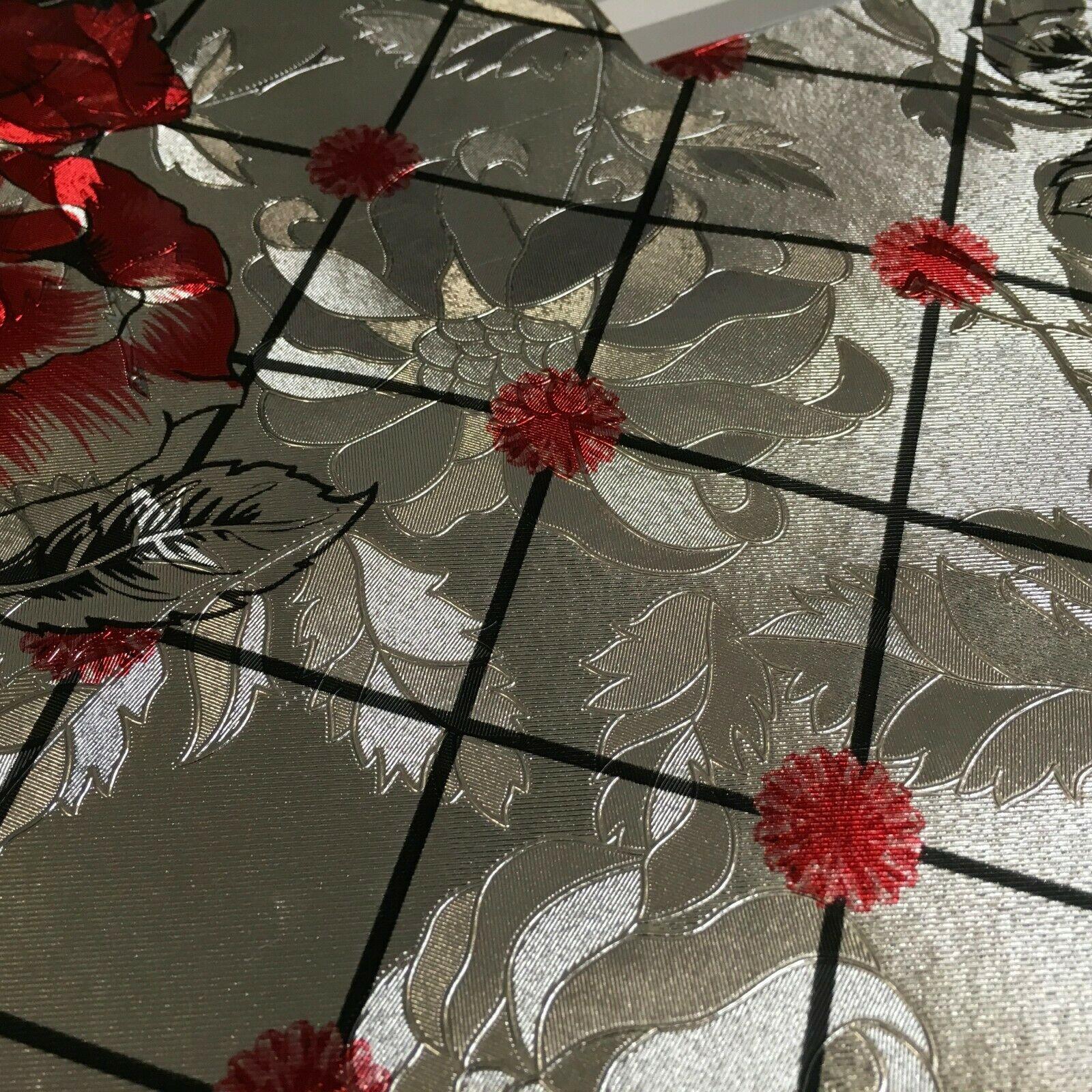 Metallic Silver Floral border Wipe clean table cover Fabric 139 cm M1204 Mtex