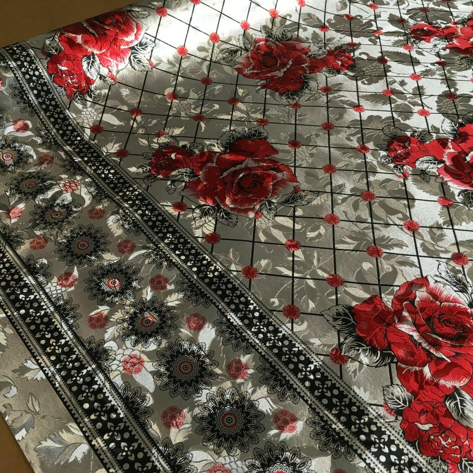 Metallic Silver Floral border Wipe clean table cover Fabric 139 cm M1204 Mtex