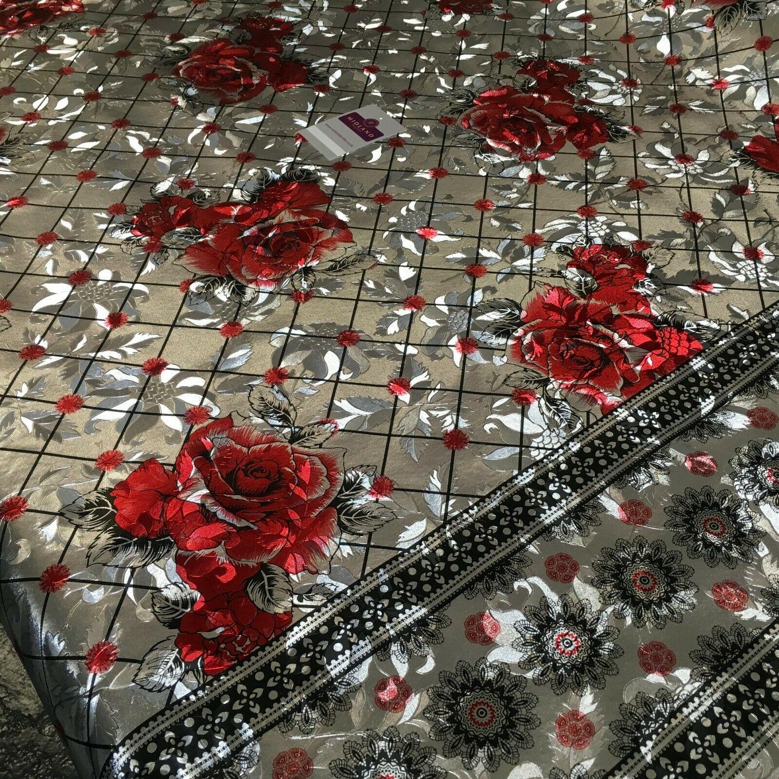 Metallic Silver Floral border Wipe clean table cover Fabric 139 cm M1204 Mtex