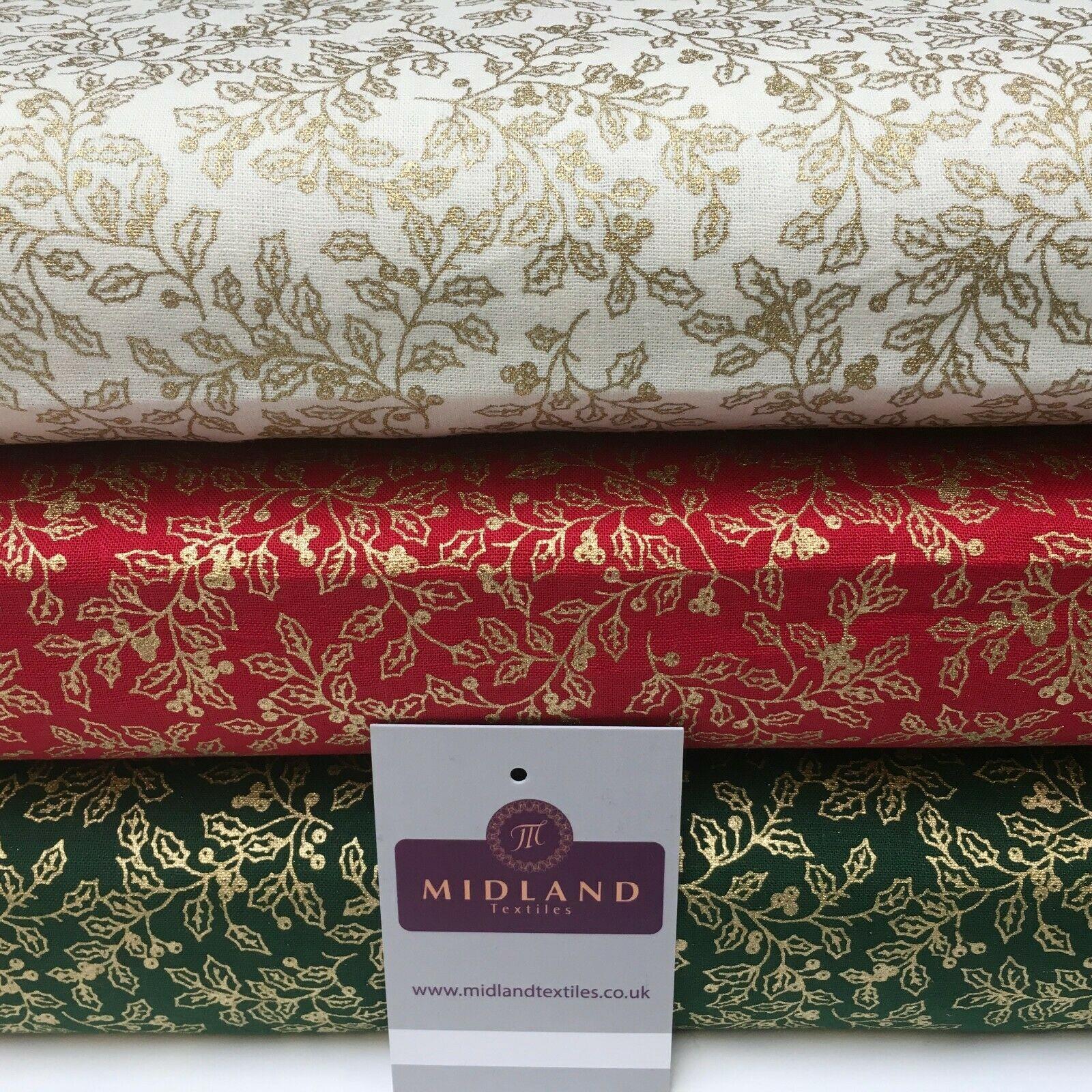 Vintage Christmas Mistletoe 100% Cotton Gold foil Print Fabric 110cm MK1220