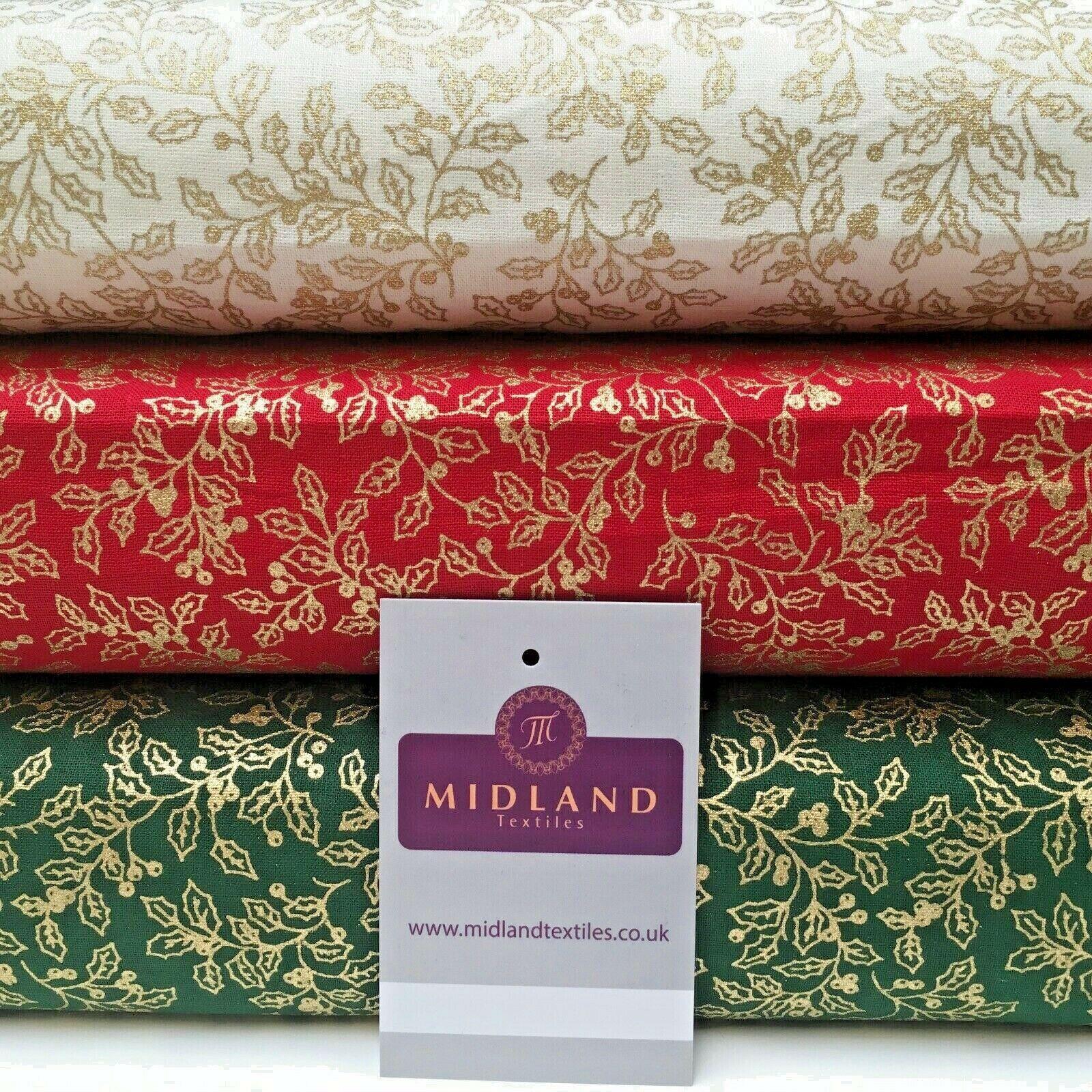 Vintage Christmas Mistletoe 100% Cotton Gold foil Print Fabric 110cm MK1220