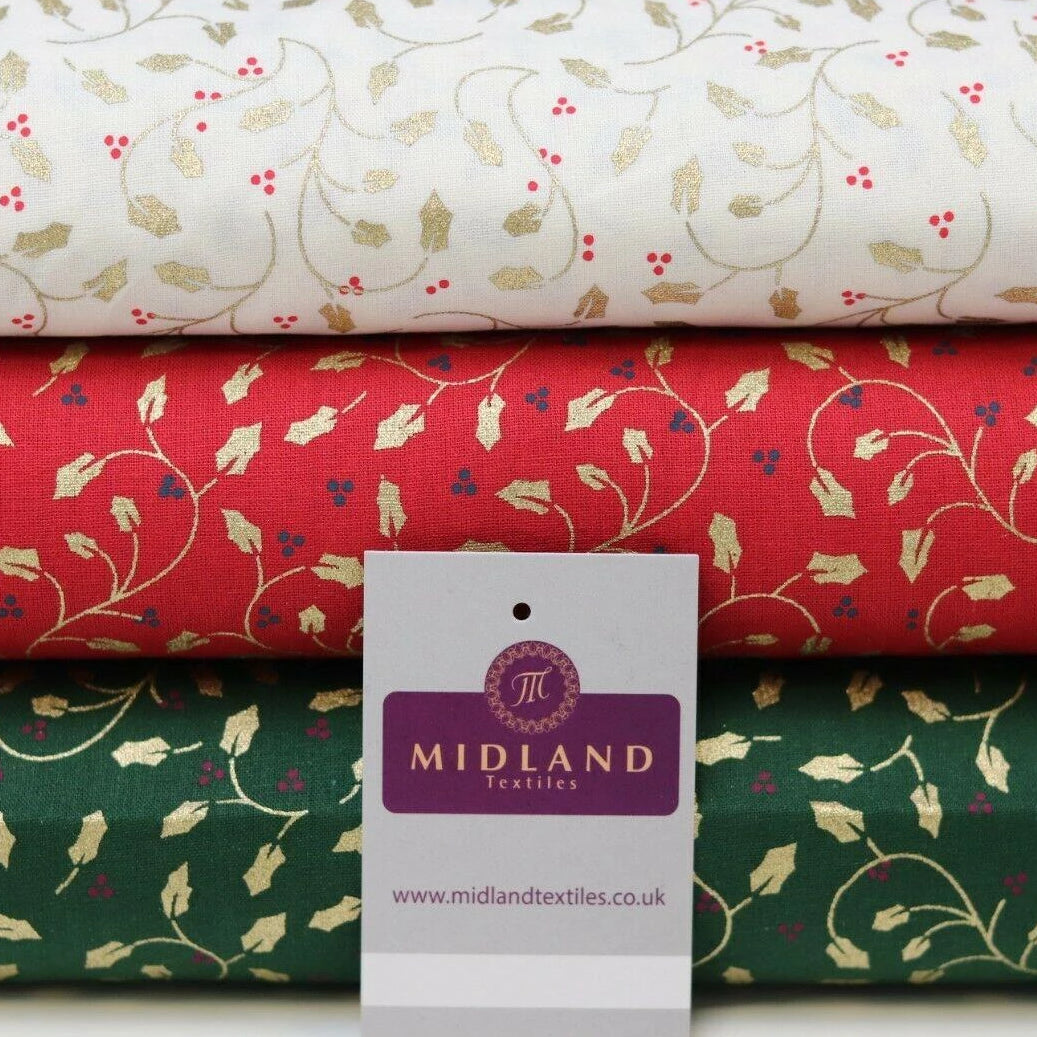 Vintage Christmas Holly Berries 100% Cotton Gold foil Fabric 114 cm MK1221 Mtex