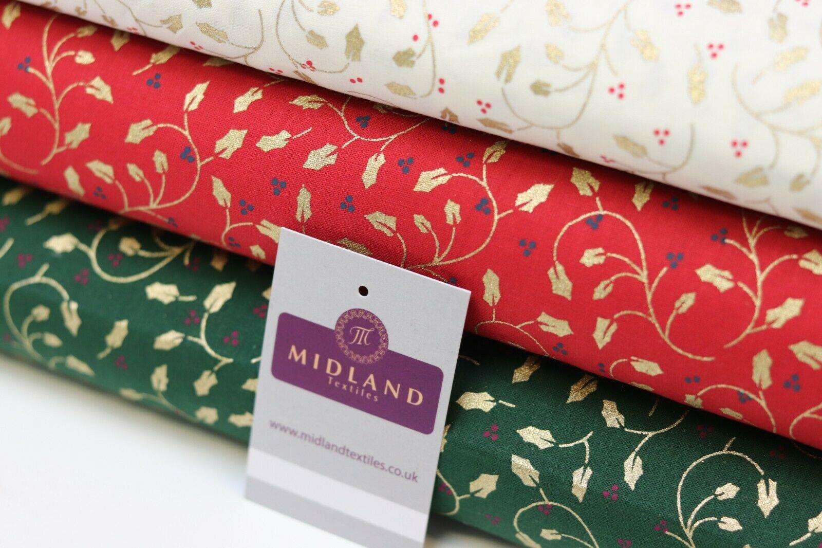 Vintage Christmas Holly Berries 100% Cotton Gold foil Fabric 114 cm MK1221 Mtex