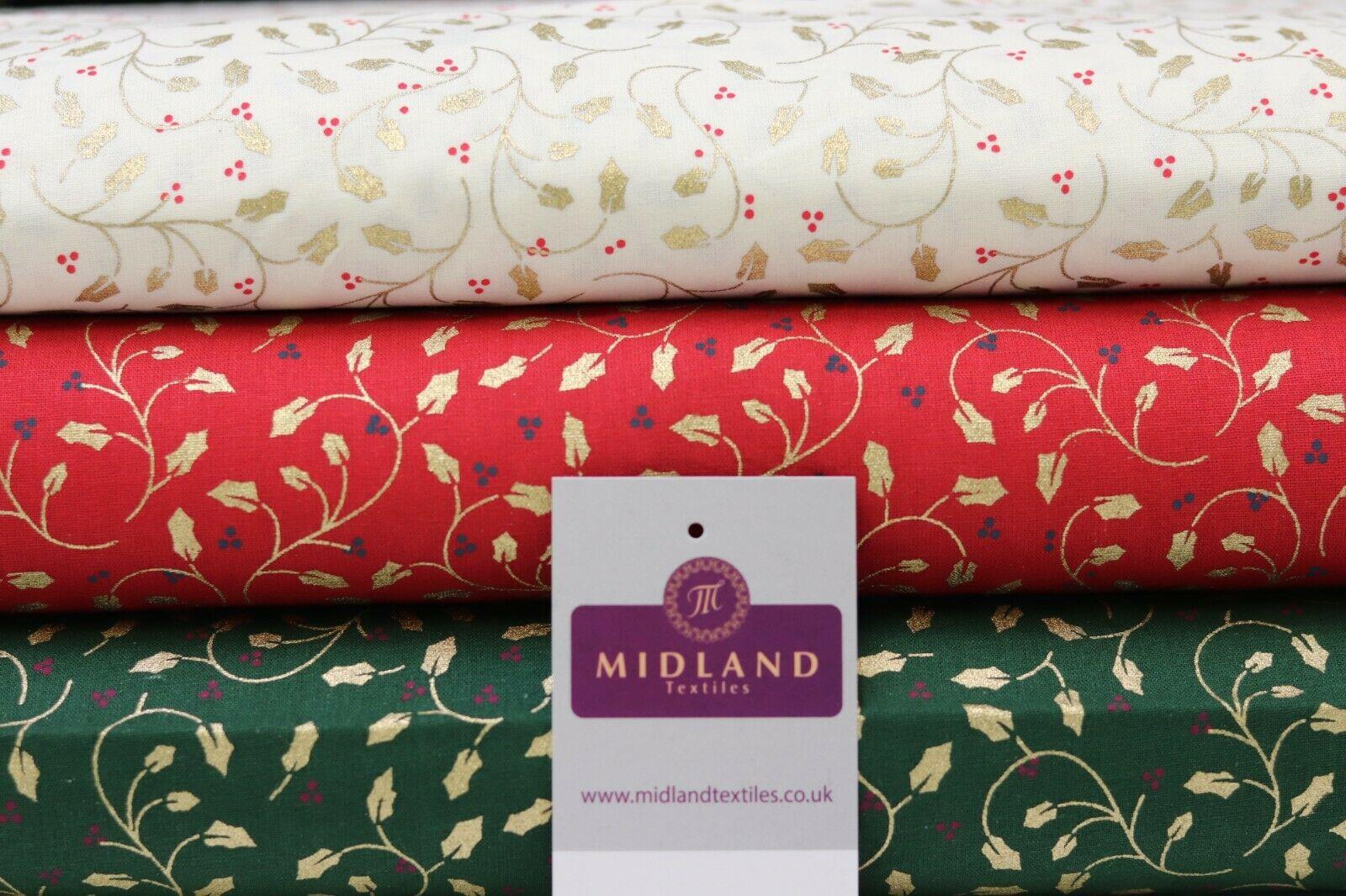 Vintage Christmas Holly Berries 100% Cotton Gold foil Fabric 114 cm MK1221 Mtex