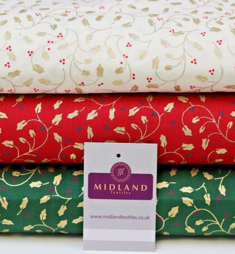 Vintage Christmas Holly Berries 100% Cotton Gold foil Fabric 114 cm MK1221 Mtex