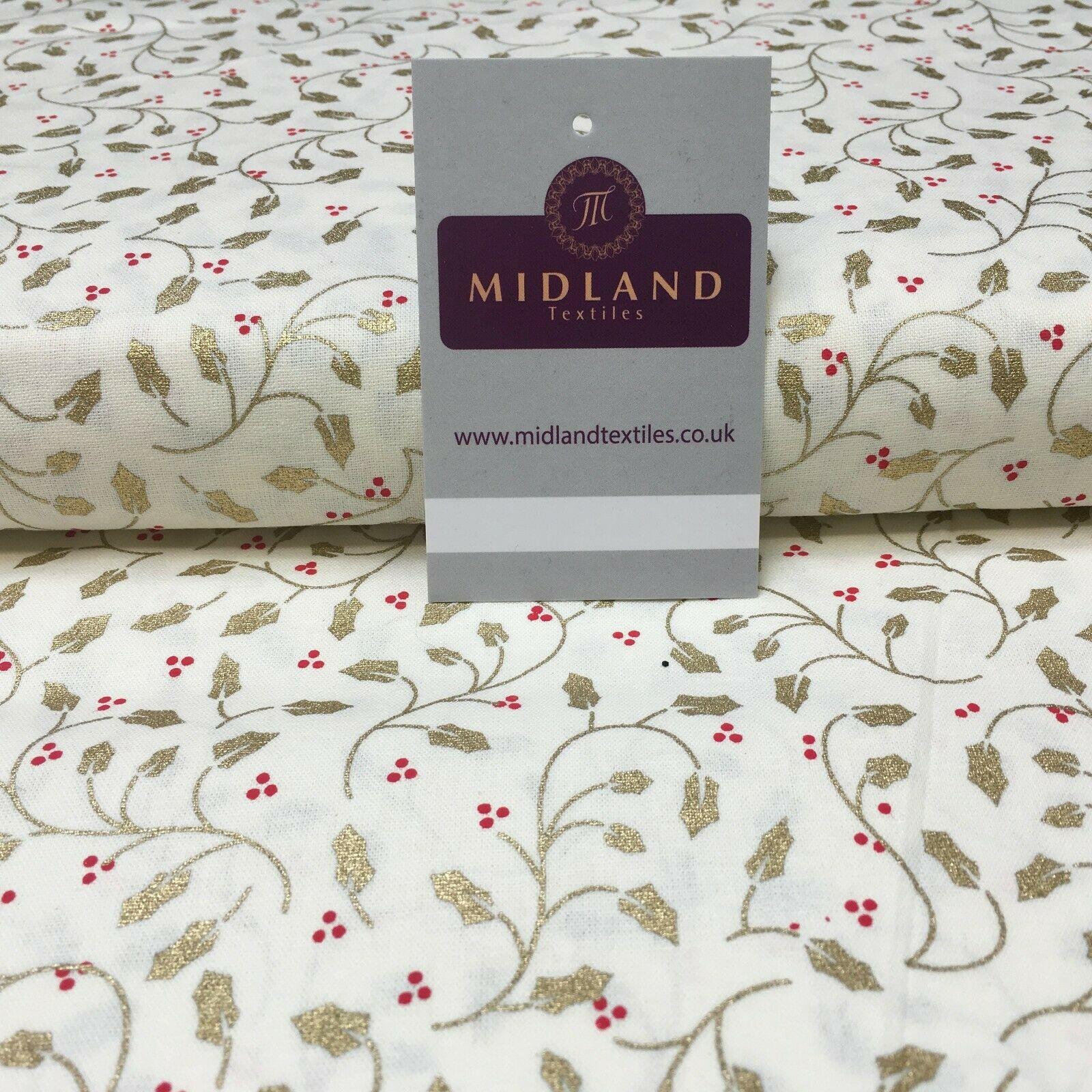 Vintage Christmas Holly Berries 100% Cotton Gold foil Fabric 114 cm MK1221 Mtex