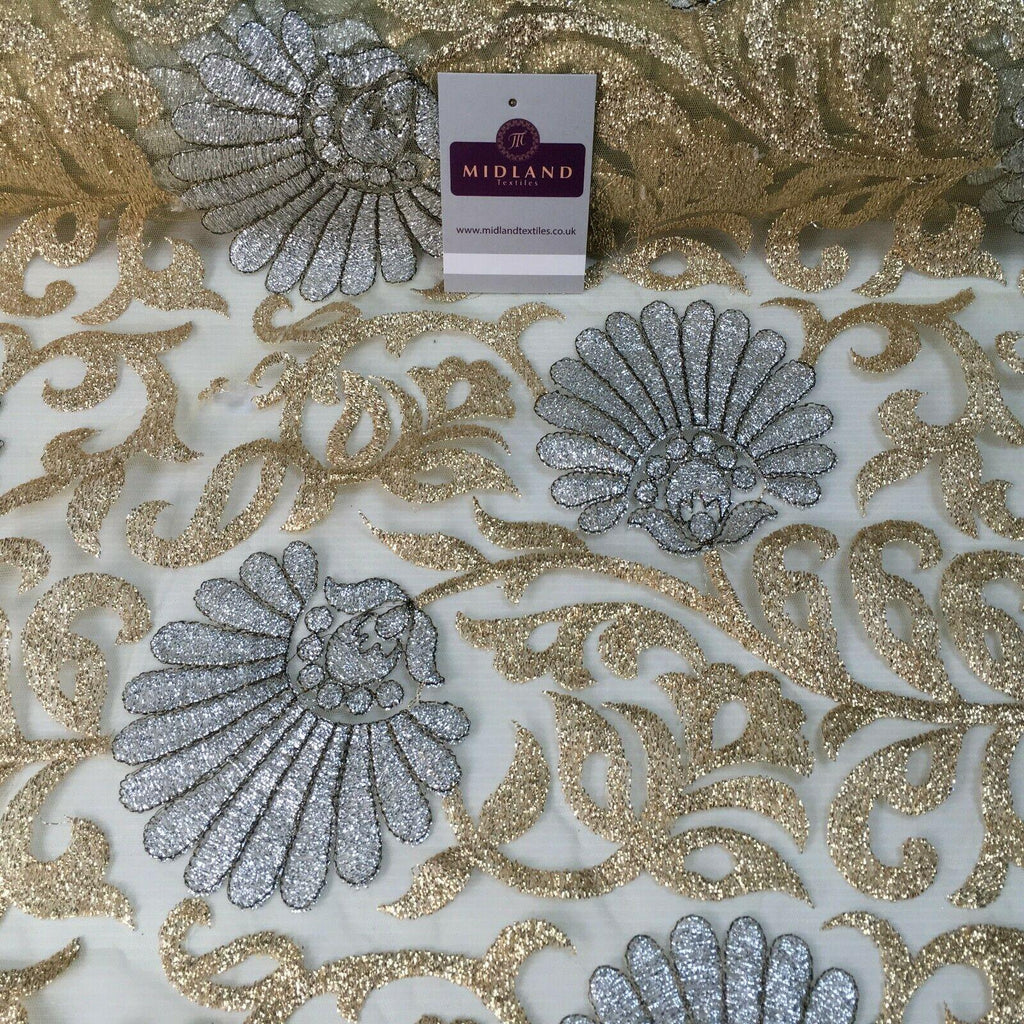 Gold net with silver Floral Ornamental Dress Fabric 100 cm M1209 Mtex