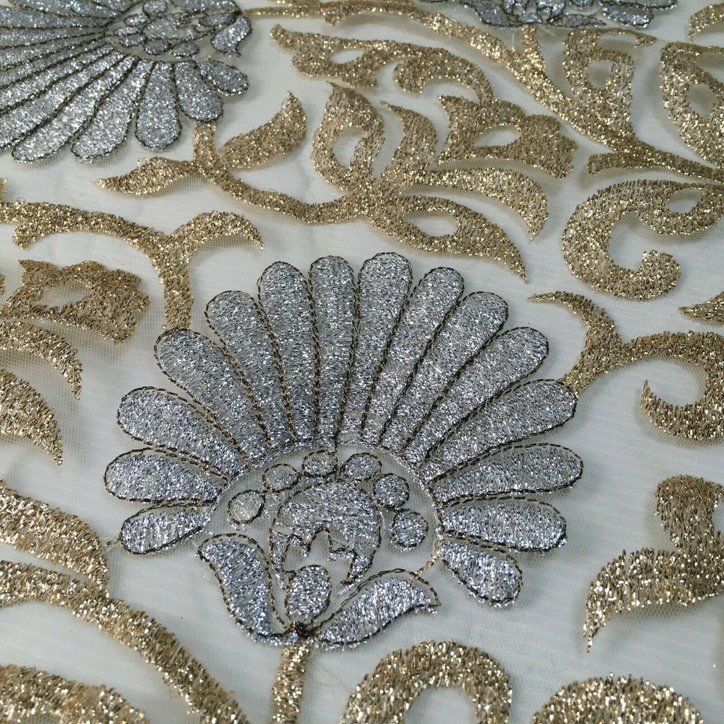 Gold net with silver Floral Ornamental Dress Fabric 100 cm M1209 Mtex