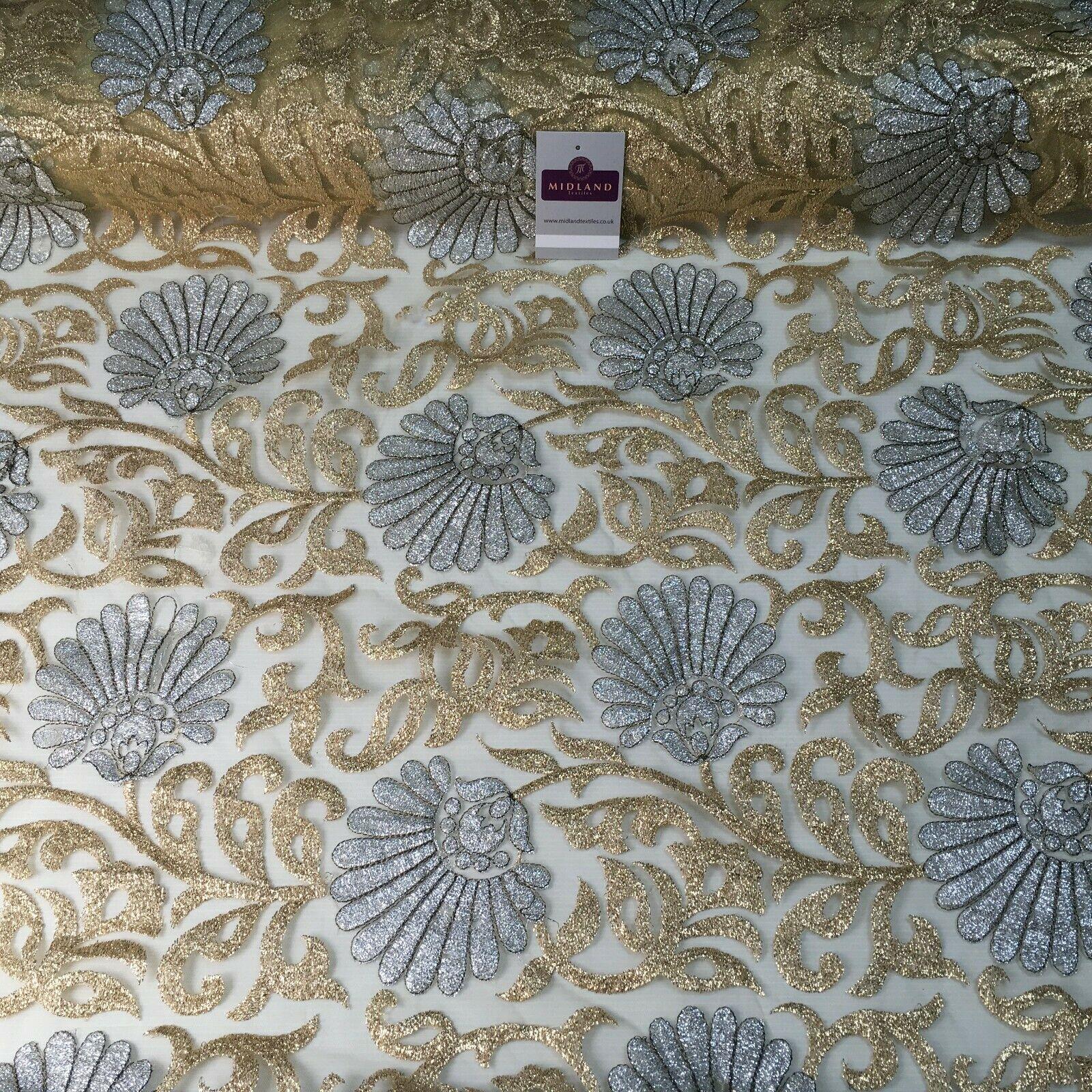 Gold net with silver Floral Ornamental Dress Fabric 100 cm M1209 Mtex