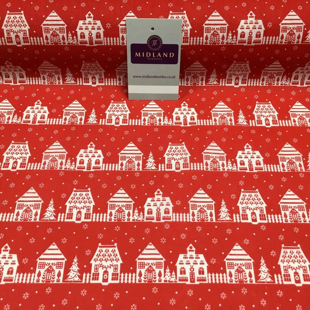 Red Christmas Cottage Printed Polycotton Fabric Craft Gifts 110 cm MD1288 Mtex