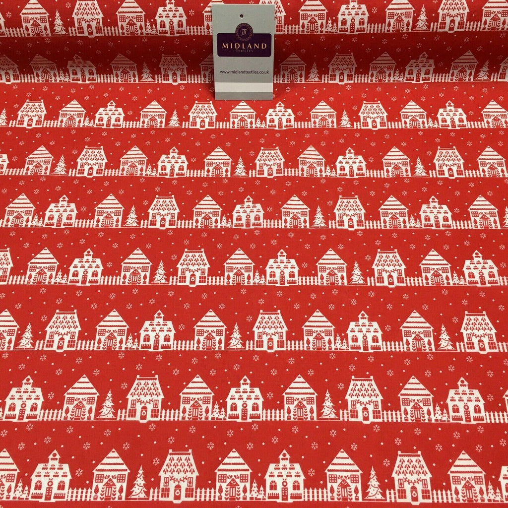 Red Christmas Cottage Printed Polycotton Fabric Craft Gifts 110 cm MD1288 Mtex