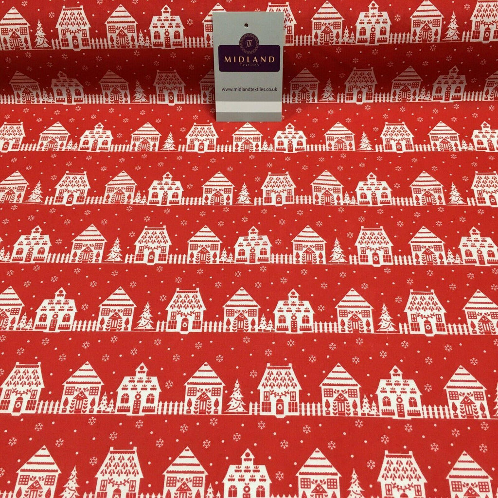 Red Christmas Cottage Printed Polycotton Fabric Craft Gifts 110 cm MD1288 Mtex