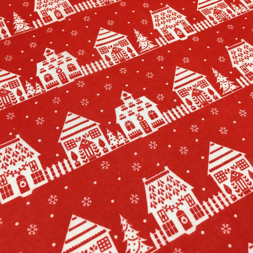 Red Christmas Cottage Printed Polycotton Fabric Craft Gifts 110 cm MD1288 Mtex