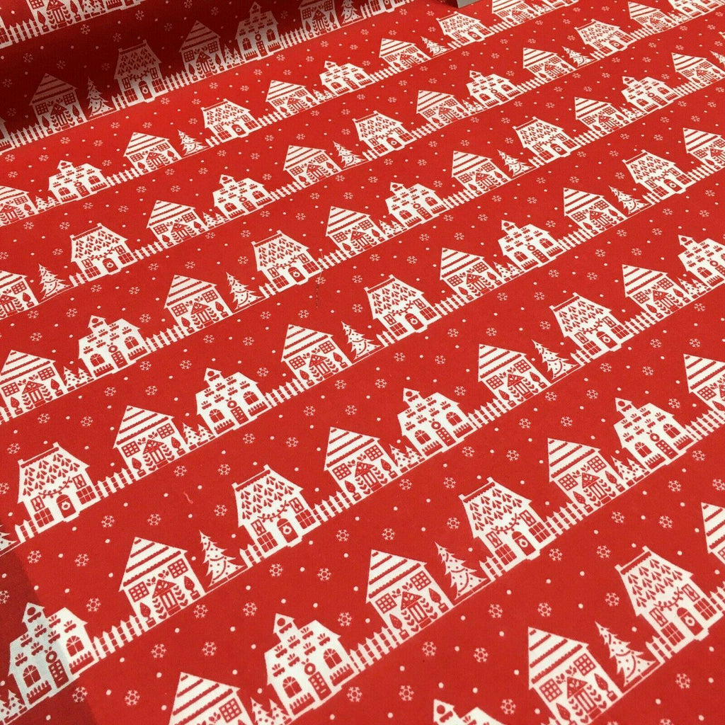 Red Christmas Cottage Printed Polycotton Fabric Craft Gifts 110 cm MD1288 Mtex