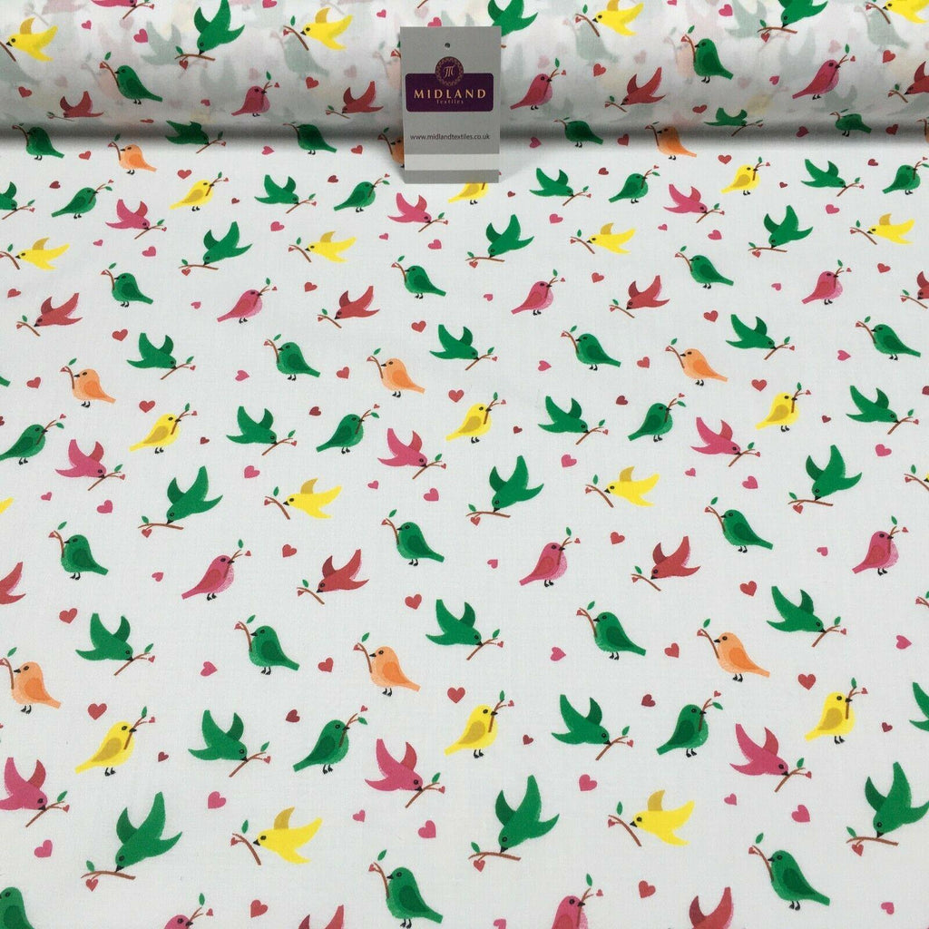 White Christmas Love Birds Branch Printed Polycotton Fabric 110 cm MD1281 Mtex