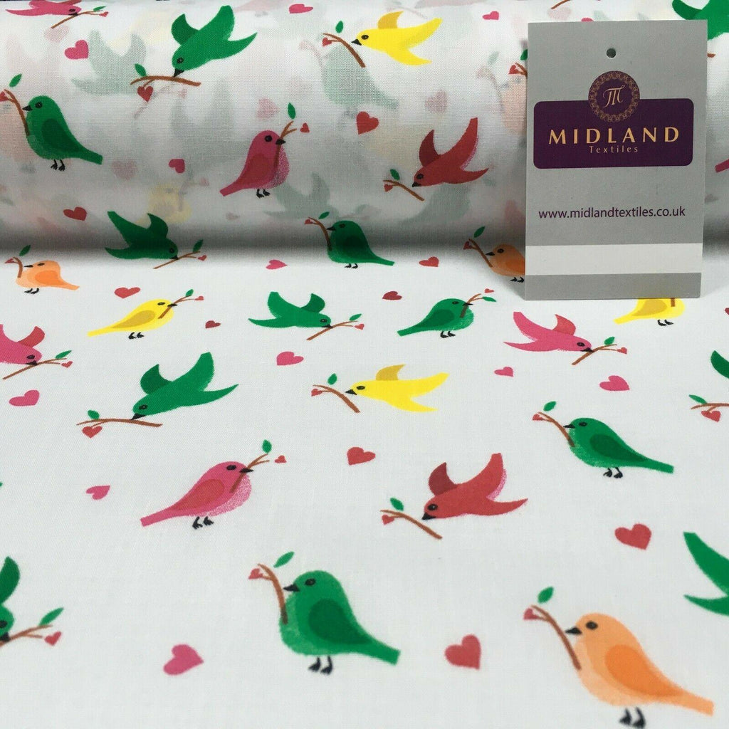 White Christmas Love Birds Branch Printed Polycotton Fabric 110 cm MD1281 Mtex