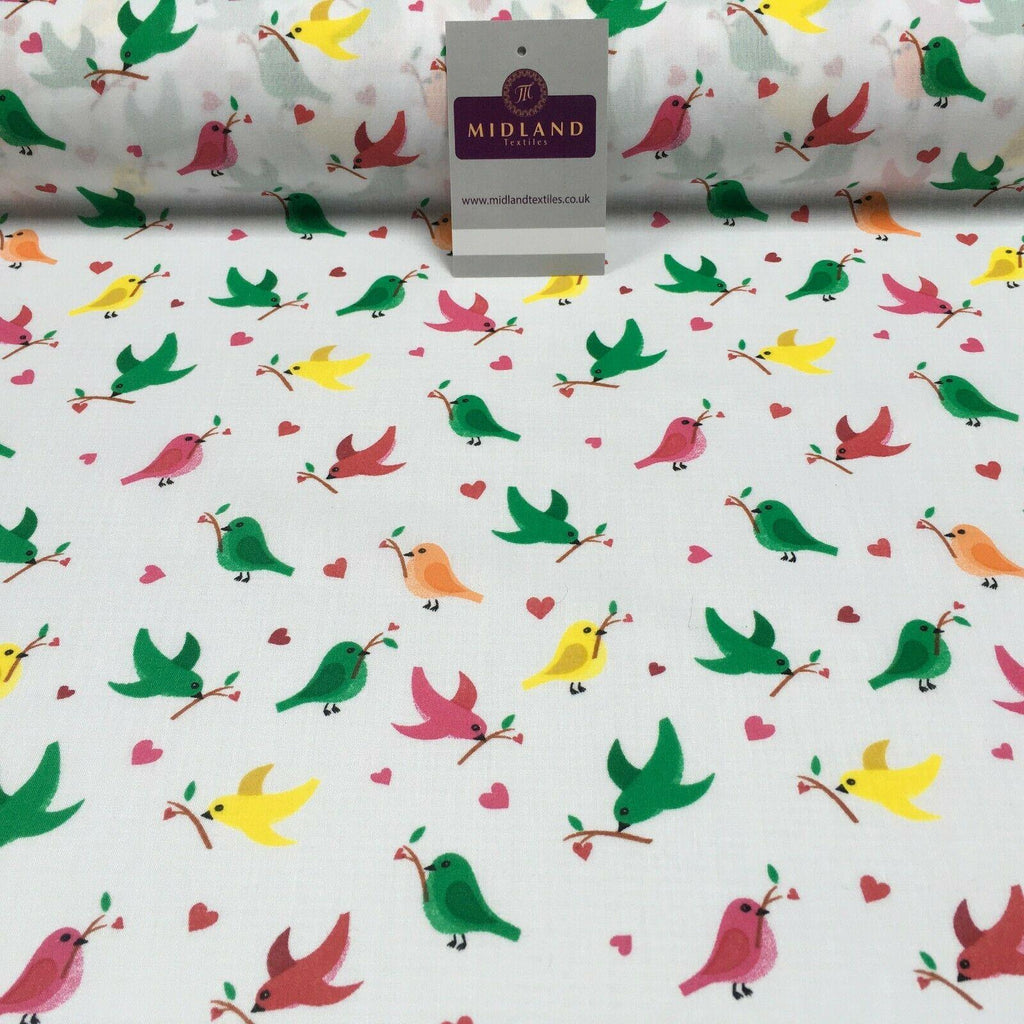 White Christmas Love Birds Branch Printed Polycotton Fabric 110 cm MD1281 Mtex