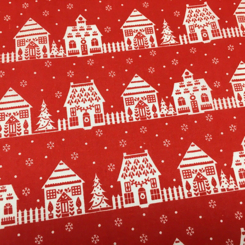 Red Christmas Cottage Printed Polycotton Fabric Craft Gifts 110 cm MD1288 Mtex