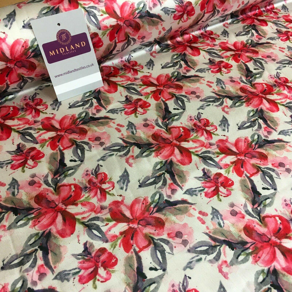 Cream Pink Floral Silky Digital Printed Satin Fabric 150cm MK1327-1