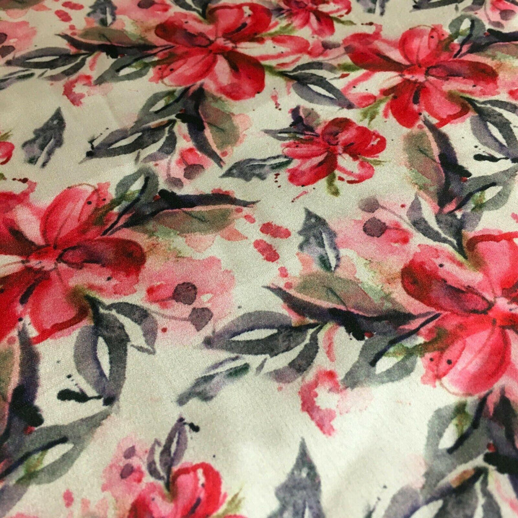 Cream Pink Floral Silky Digital Printed Satin Fabric 150cm MK1327-1