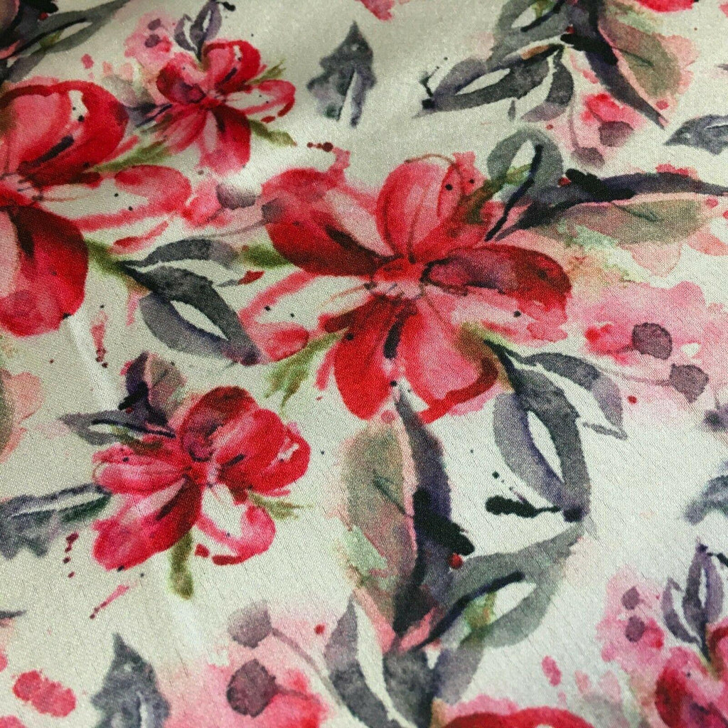 Cream Pink Floral Silky Digital Printed Satin Fabric 150cm MK1327-1