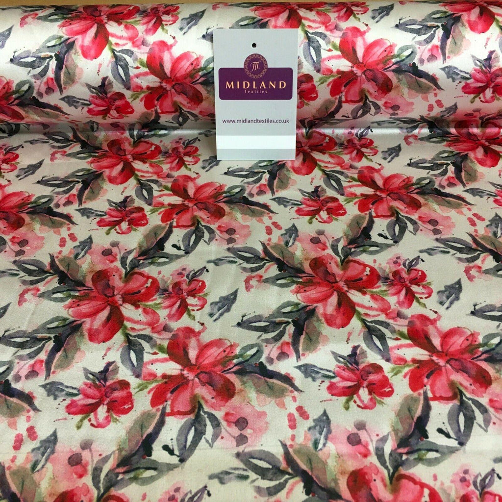 Cream Pink Floral Silky Digital Printed Satin Fabric 150cm MK1327-1