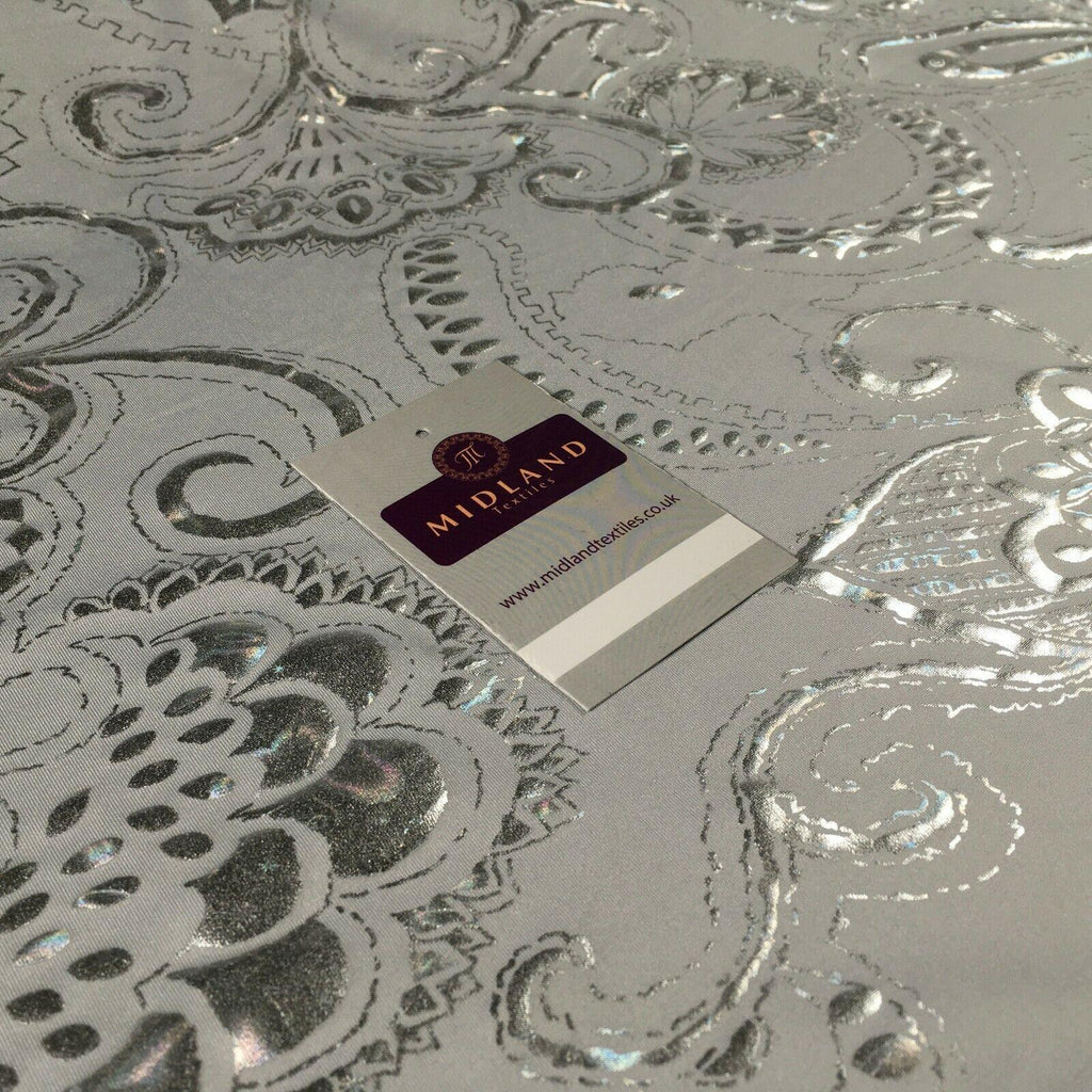 Silver foil Floral on White Spandex Jersey Stretch Dress Fabric 150cm MU1301