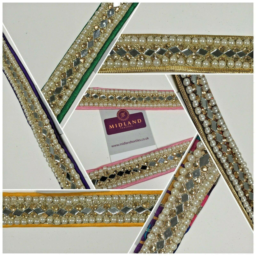 25 mm Cut out Diamond shape mirror pearl border edging sari bridal M1342