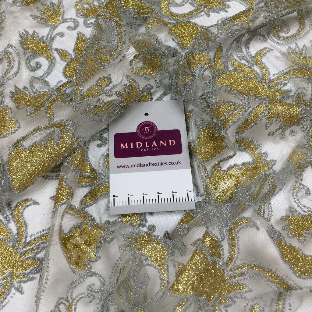 Gold on Grey ornamental net mesh dress fabric 140 cm M186-61 Mtex