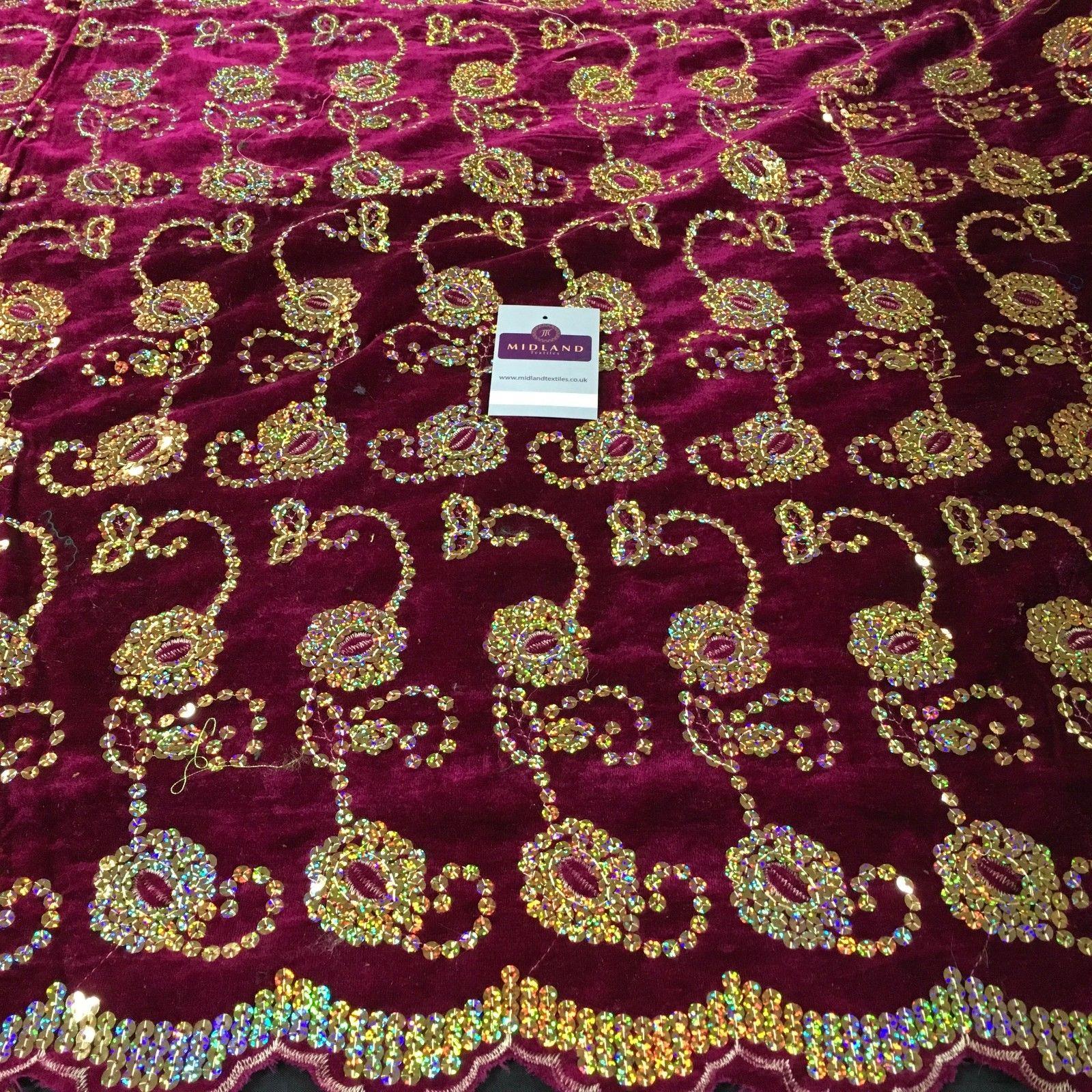 Gold Sequin Embellished Scalloped edge Micro Velvet 40' Wide  M47 Mtex