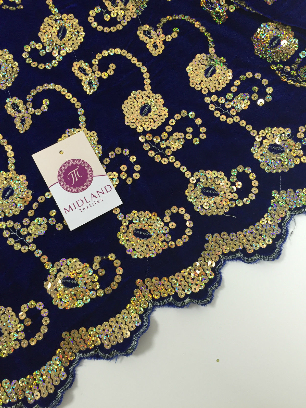 Gold Sequin Embellished Scalloped edge Micro Velvet 40' Wide  M47 Mtex